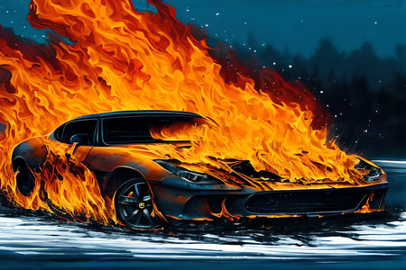 Burning car in the night. 3d rendering. Computer digital drawing.の素材