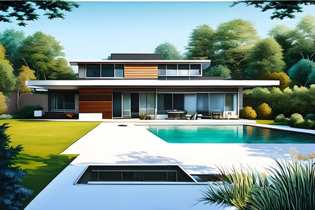 3d rendering of modern cozy house with pool and parking for sale or rent. Black and white colors.の素材