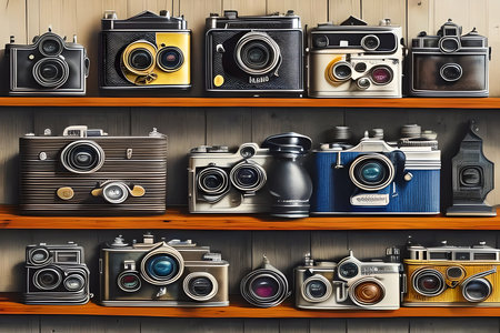 Vintage cameras on wooden shelf. 3d illustration. Vintage camera background.の素材
