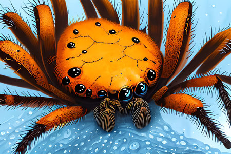 Illustration of an orange spider with big eyes on a blue backgroundの素材
