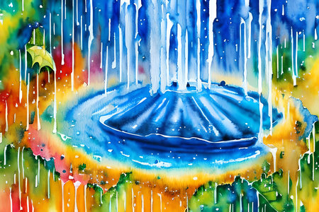 Watercolor painting of a fountain with a drop of rain on it.の素材