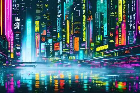 Futuristic neon lights on the night city. The concept of the future.の素材
