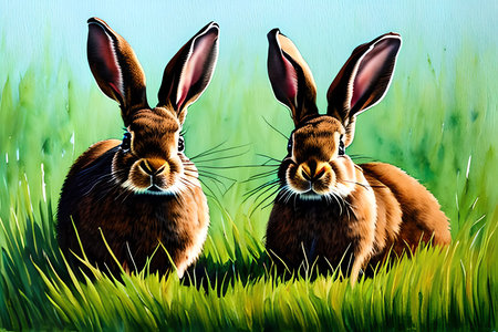 Rabbits in the grass. Illustration of two rabbits.の素材