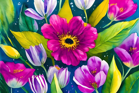 Tulips and tulips on a blue background. Watercolor illustration.の素材