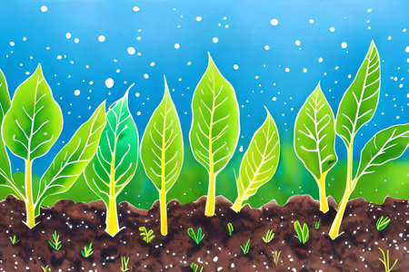 Green sprout in soil on blue sky background. Vector illustration.の素材