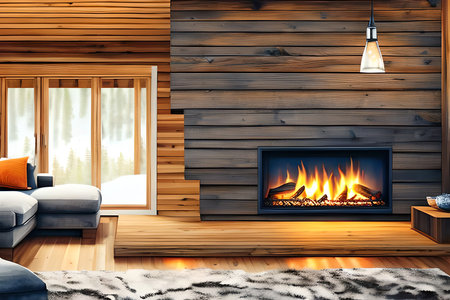 Interior of modern living room with wooden wall and fireplace, 3d renderの素材