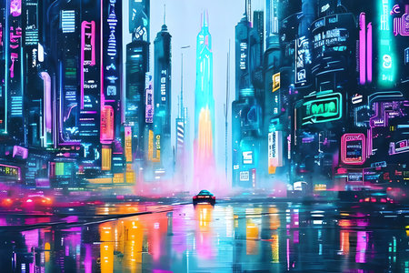 Futuristic city at night with neon lights. 3d renderingの素材
