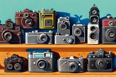Collection of retro cameras on a wooden shelf. 3d illustration.の素材