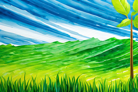 Nature background with green grass and blue sky. Vector illustration for your designの素材