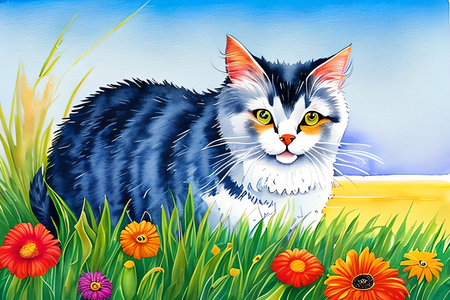 Cat in the grass. Illustration on a blue sky background.の素材