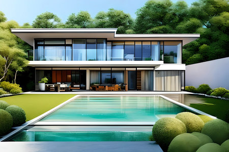 3d rendering of modern cozy house with pool and parking for sale or rentの素材