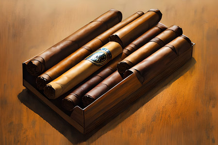 Cuban cigars in a wooden box on a wooden table background.の素材