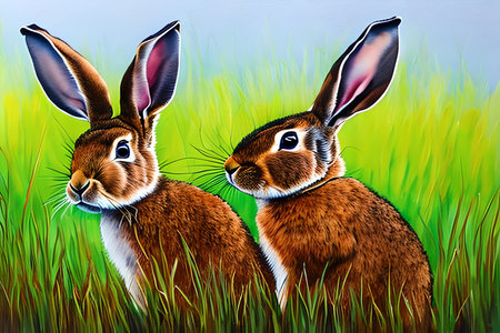 Rabbits in the green grass. Easter background. Digital painting.の素材