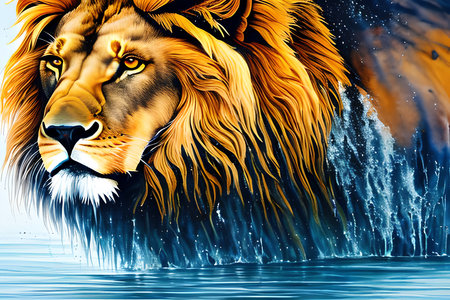 Lion in the water. Artistic illustration of a lion.の素材