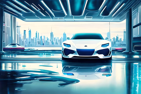 car on the background of the modern city. 3d rendering.の素材