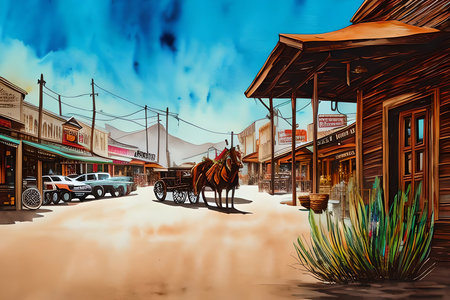 Horse drawn carriage in the street of old town. Digital painting.の素材