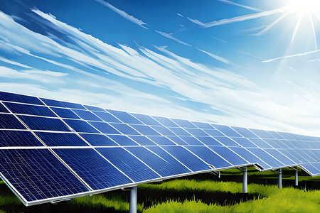 Solar panels on green field with blue sky. Alternative energy concept.の素材