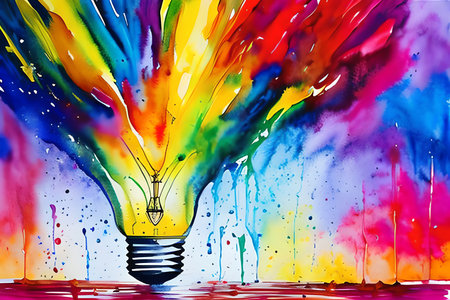 abstract colorful background with lightbulb and watercolor splashesの素材
