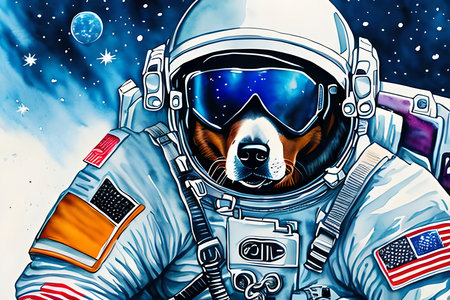 Astronaut dog in space. Hand drawn illustration. Vector.の素材