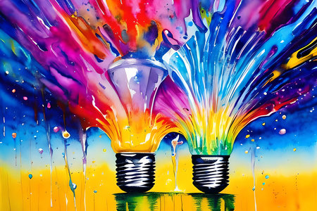 Colorful paint splashing from a light bulb on a colorful backgroundの素材