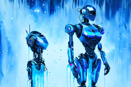 3D rendering of a female cyborg with blue background and waterの素材