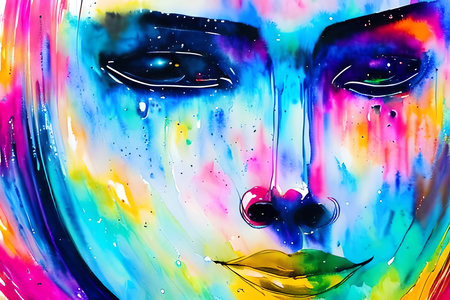 abstract background with a beautiful woman's face painted in bright colorsの素材