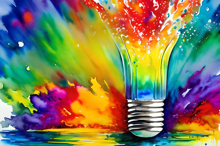 abstract colorful background with lightbulb and watercolor splashesの素材