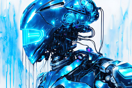 3d rendering of a robot in blue light with blur background.の素材