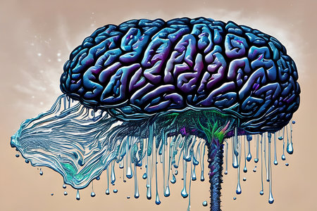 Human brain made of blue paint splashes. 3D illustration.の素材