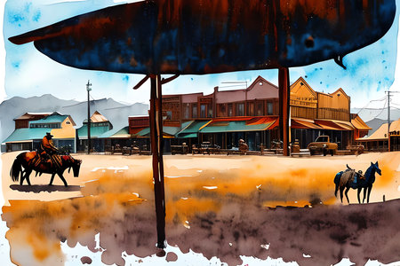 Horse riding on the road in the town. Watercolor paintingの素材