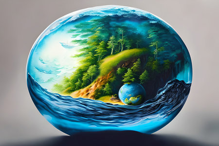 Globe in the form of a planet with a forest in the backgroundの素材