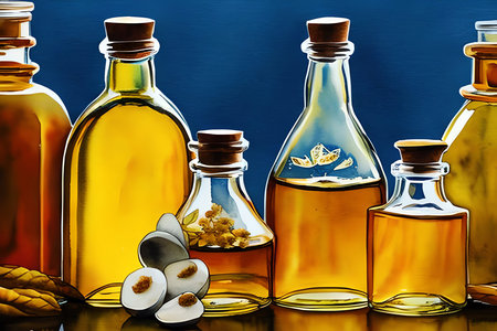 bottles of oil on a dark blue background. close-upの素材