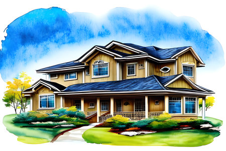 House with a beautiful landscape. Watercolor painting. Vector illustration.の素材