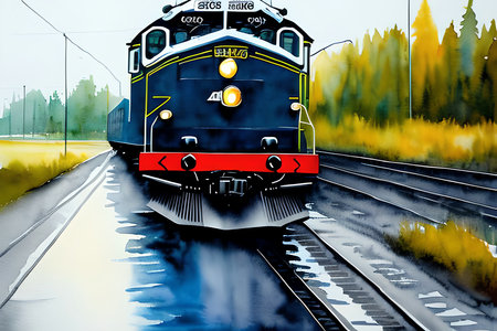 Digital painting of a locomotive on a railway track. Railway transport.の素材