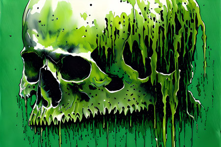 Skull on a green background with a lot of splashes.の素材