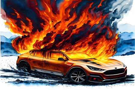 Burning car in the fire. Illustration on a white background.の素材