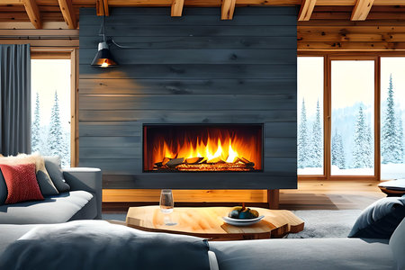 Interior of modern wooden house with fireplace. 3d rendering.の素材