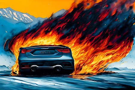 Car on the road in the fire. 3d rendering. Computer digital drawing.の素材
