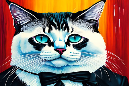 Illustration of a cat with a bow tie on a red backgroundの素材