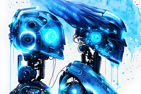 3D rendering of a cyborg with blue lights on the backgroundの素材