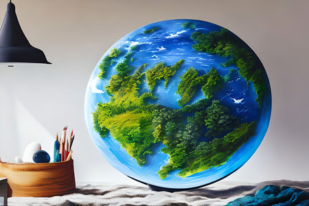 Earth planet in bedroom interior. 3d rendering. Earth planet conceptの素材