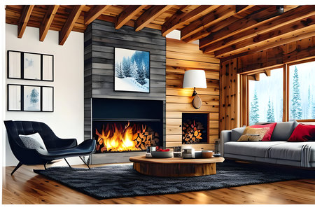 Interior of modern living room with fireplace, wooden floor and black sofa. 3d renderingの素材