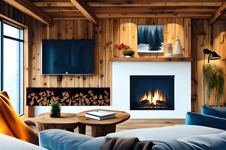 Interior of modern cozy attic living room with blue walls, wooden floor, comfortable sofa and fireplace. 3d renderingの素材