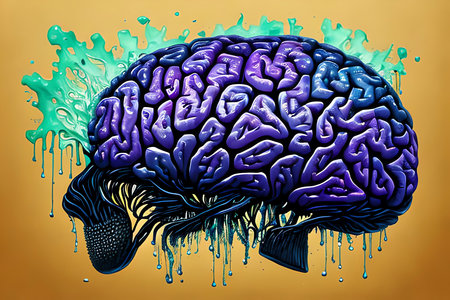 Human brain with colorful paint splashes on yellow background. 3D renderingの素材