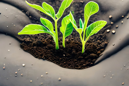 Green seedling growing from soil. Concept of new life and growthの素材