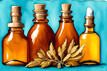 bottles of CBD oil on a blue background with yellow leaves. 3d illustrationの素材