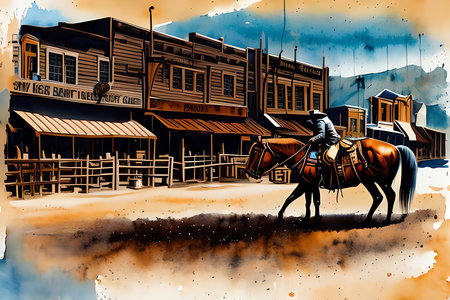 Horse riding in the town. Digital watercolor painting illustration.の素材
