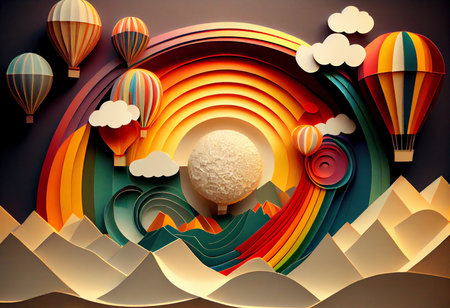 Colorful paper art background with hot air balloons. 3D renderingの素材