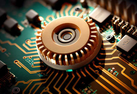Close-up of electronic circuit board with gear wheel. Technology backgroundの素材