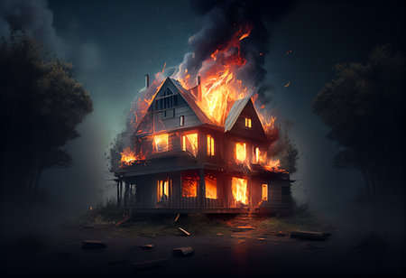 Burning house in the forest. Fire and smoke. 3d renderingの素材